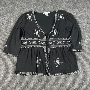 Essentials by A.B.S. Cardigan Top Womens L Black Excellent Embroidered Peplum